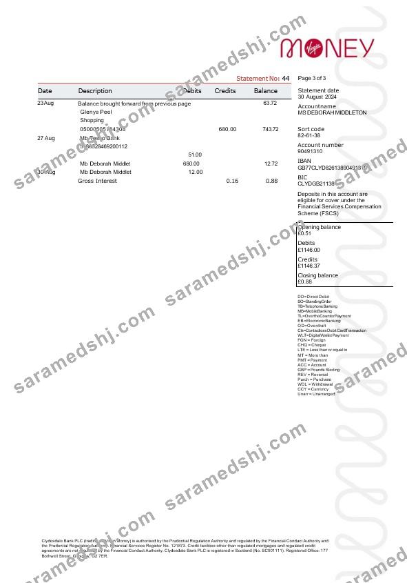 United Kingdom Virgin Money statement, 3 pages 2